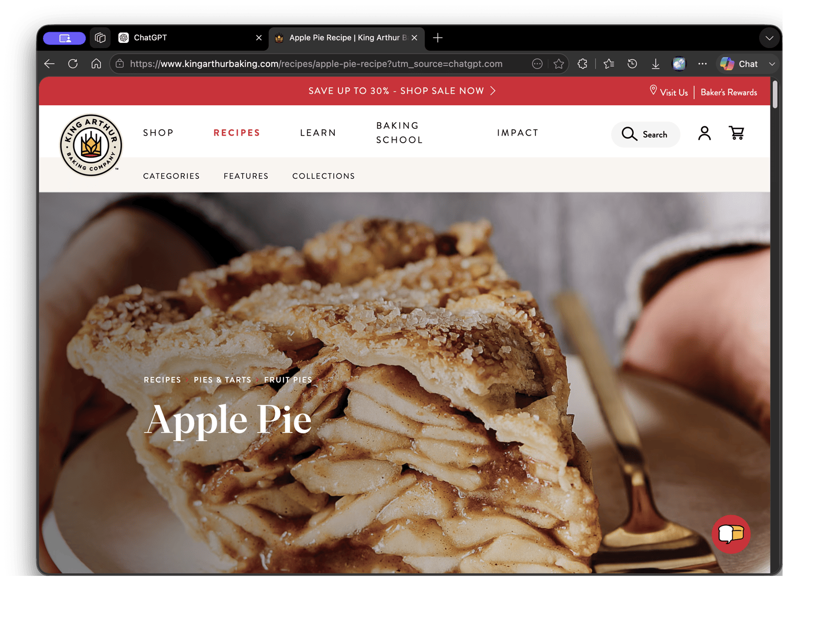 A recipe page opened in a new tab from ChatGPT in Edge, with the back button enabled instead of greyed out