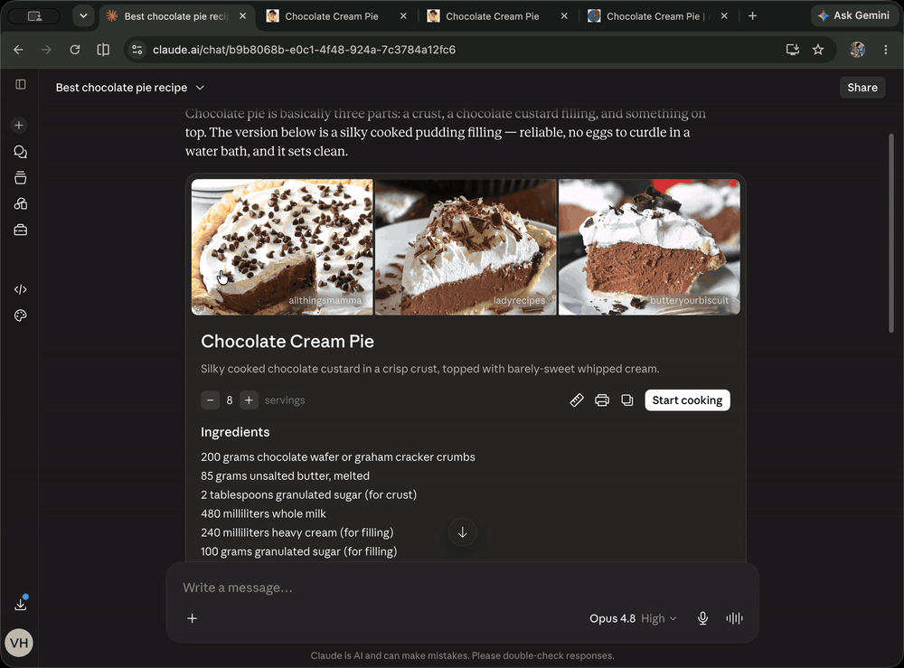 Animation of the stranded state in Chrome: a recipe page opened from a Claude chat has a greyed-out back button, so the tab has to be closed by hand before hunting for the conversation in the tab bar
