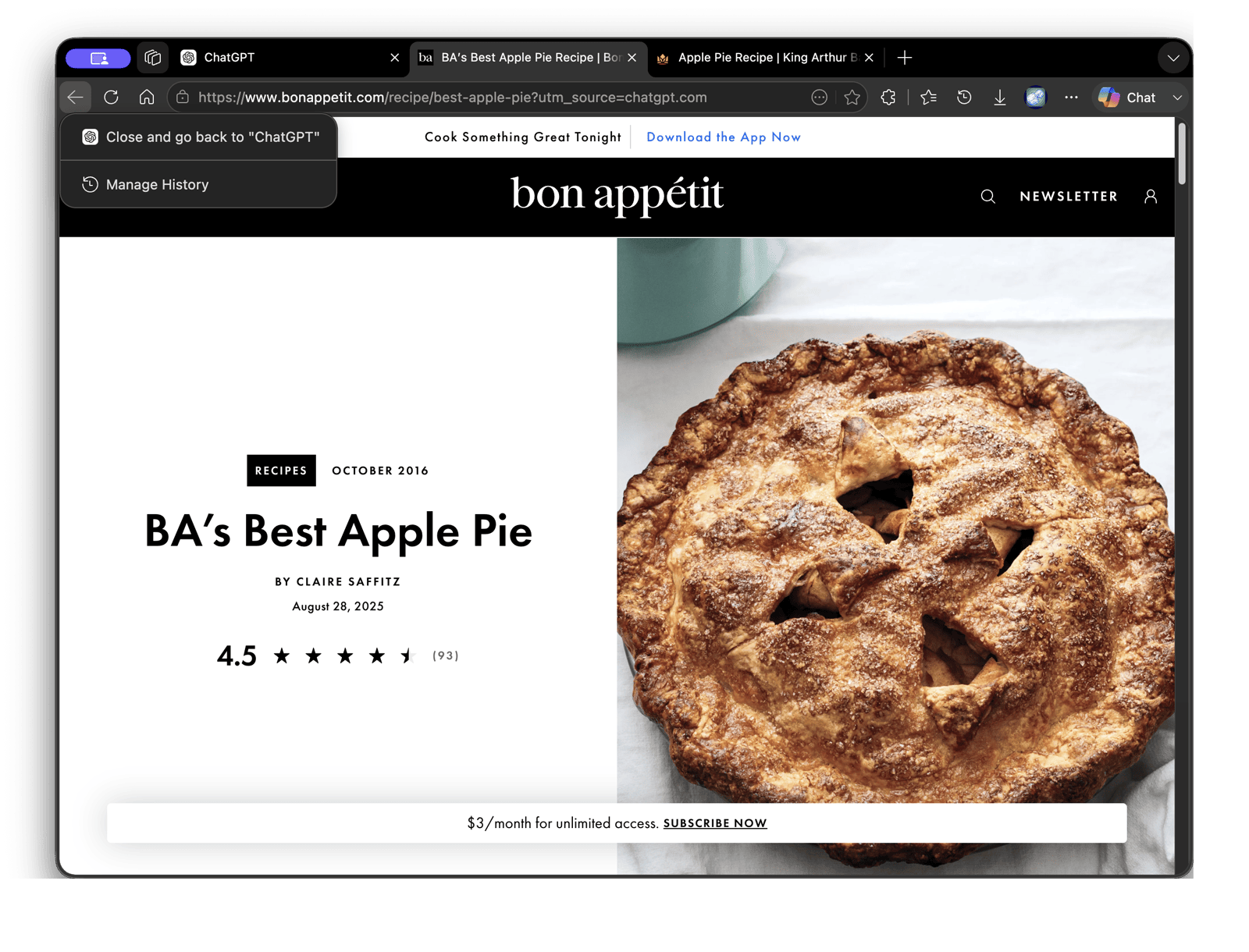Edge's long-press back button menu on the same recipe page opened from ChatGPT, showing "Close and go back to ChatGPT" as the top entry