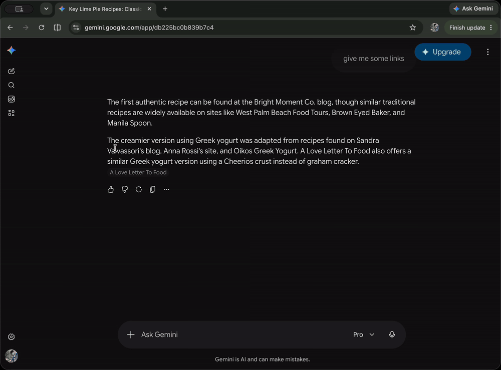Animation of BackToOpener in Chrome: a recipe page opened from a Gemini conversation is closed with the back button, returning focus to the chat