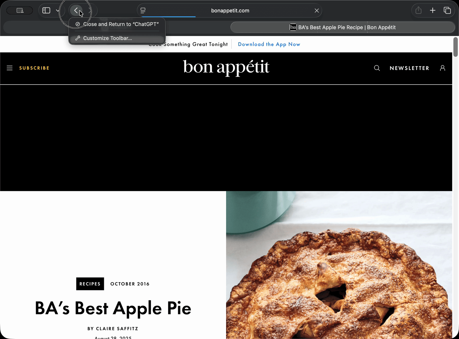 Safari's long-press back button menu on a recipe page opened from ChatGPT, showing "Close and Return to ChatGPT"