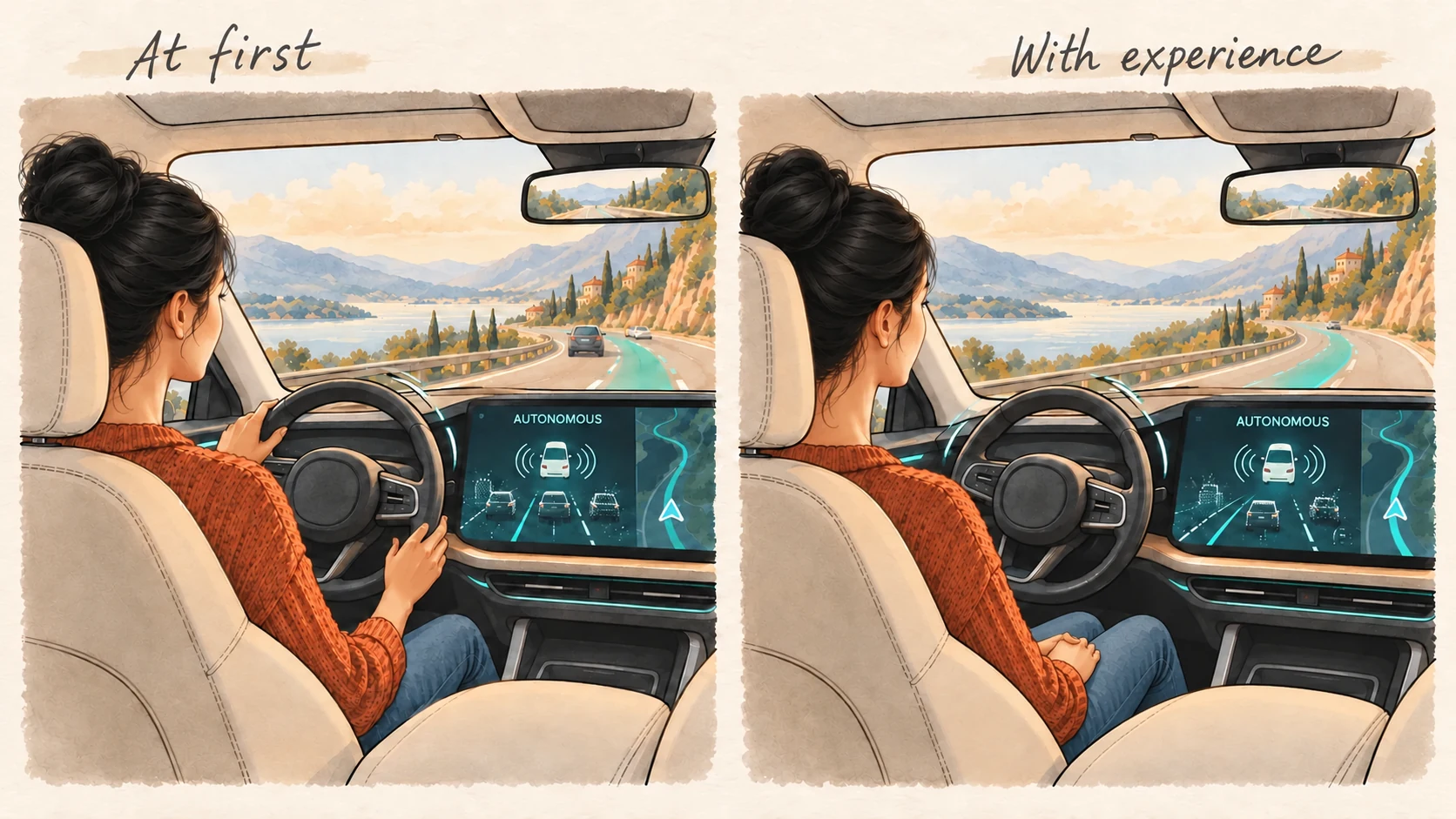Two illustrations of a self-driving car with an autonomous route and sensor display: the user watches closely with hands on the wheel at first, then sits back with hands in their lap as confidence grows